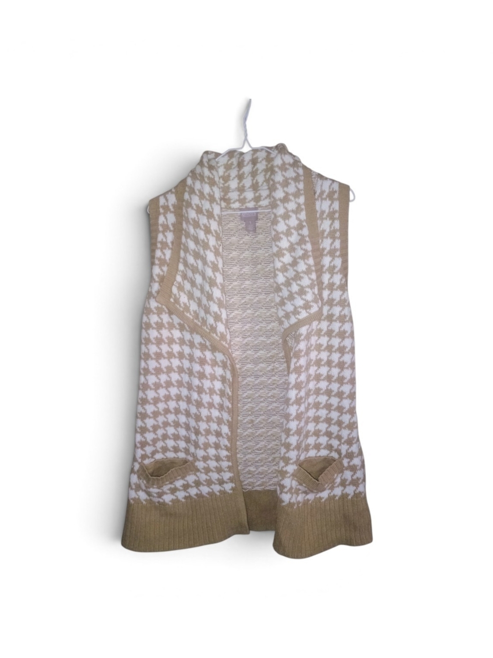 Chico's Beige and White Houndstooth Open-Front Sweater Vest